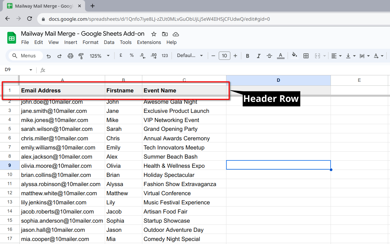 screenshot of a sample contact list in google sheets