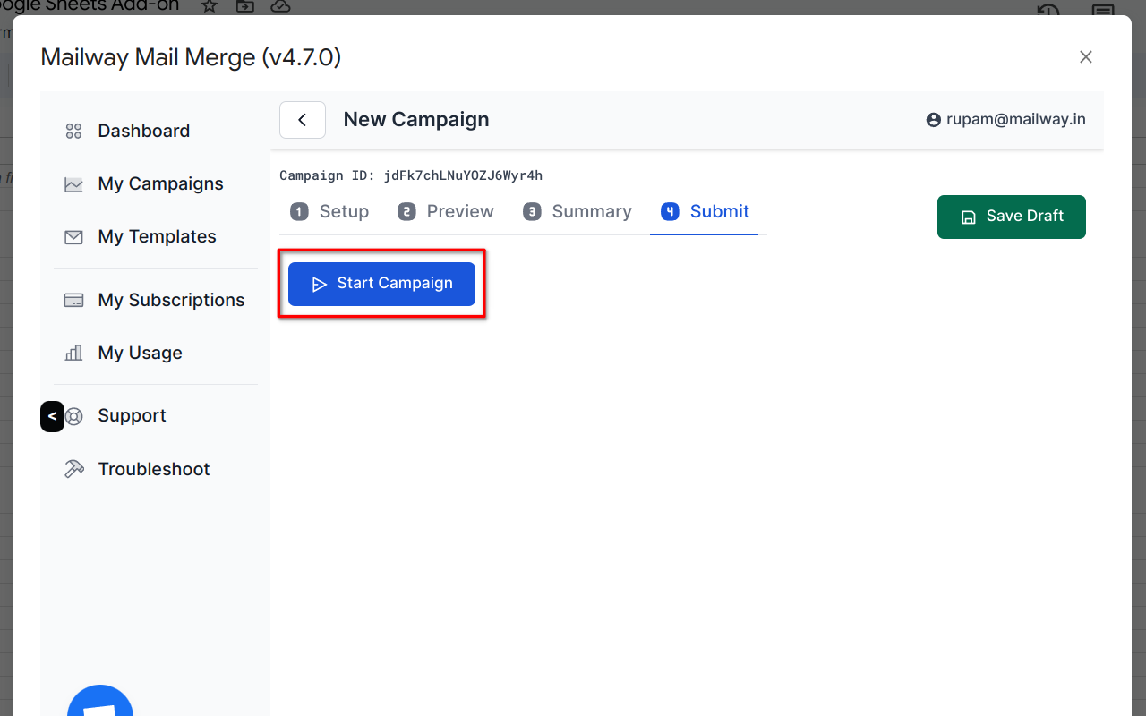 screenshot highlighting the start campaign button under the submit tab in new campaign page