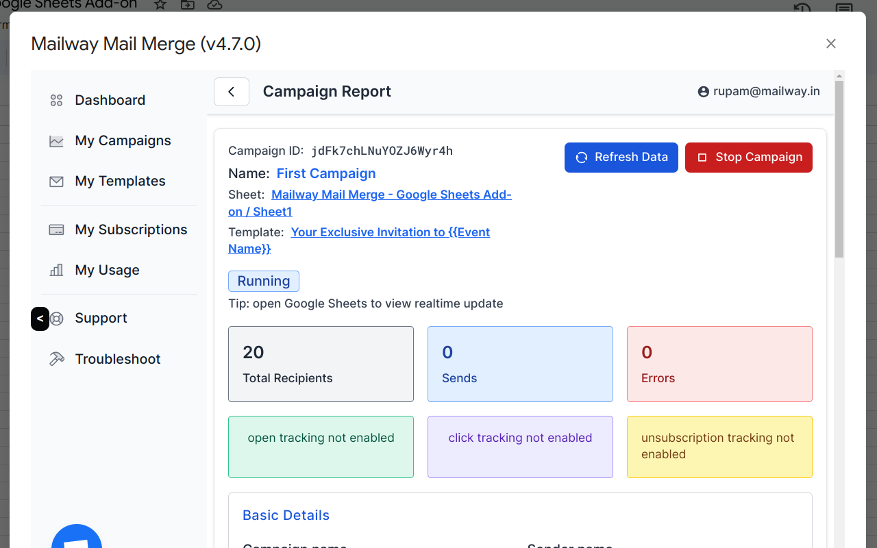 screenshot showing the campaign report page