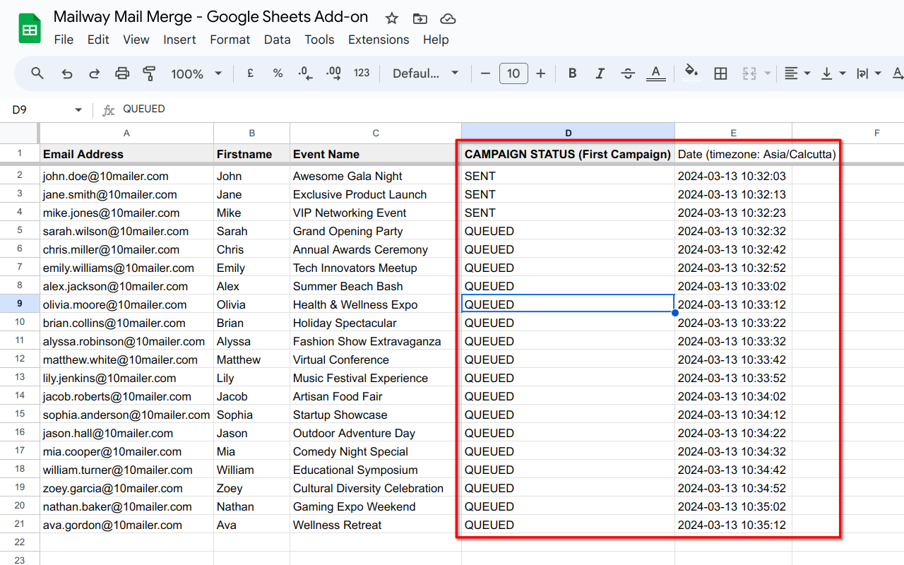 screenshot showing the google sheets with two additional columns named campaign status and date added to show individual status of each rows