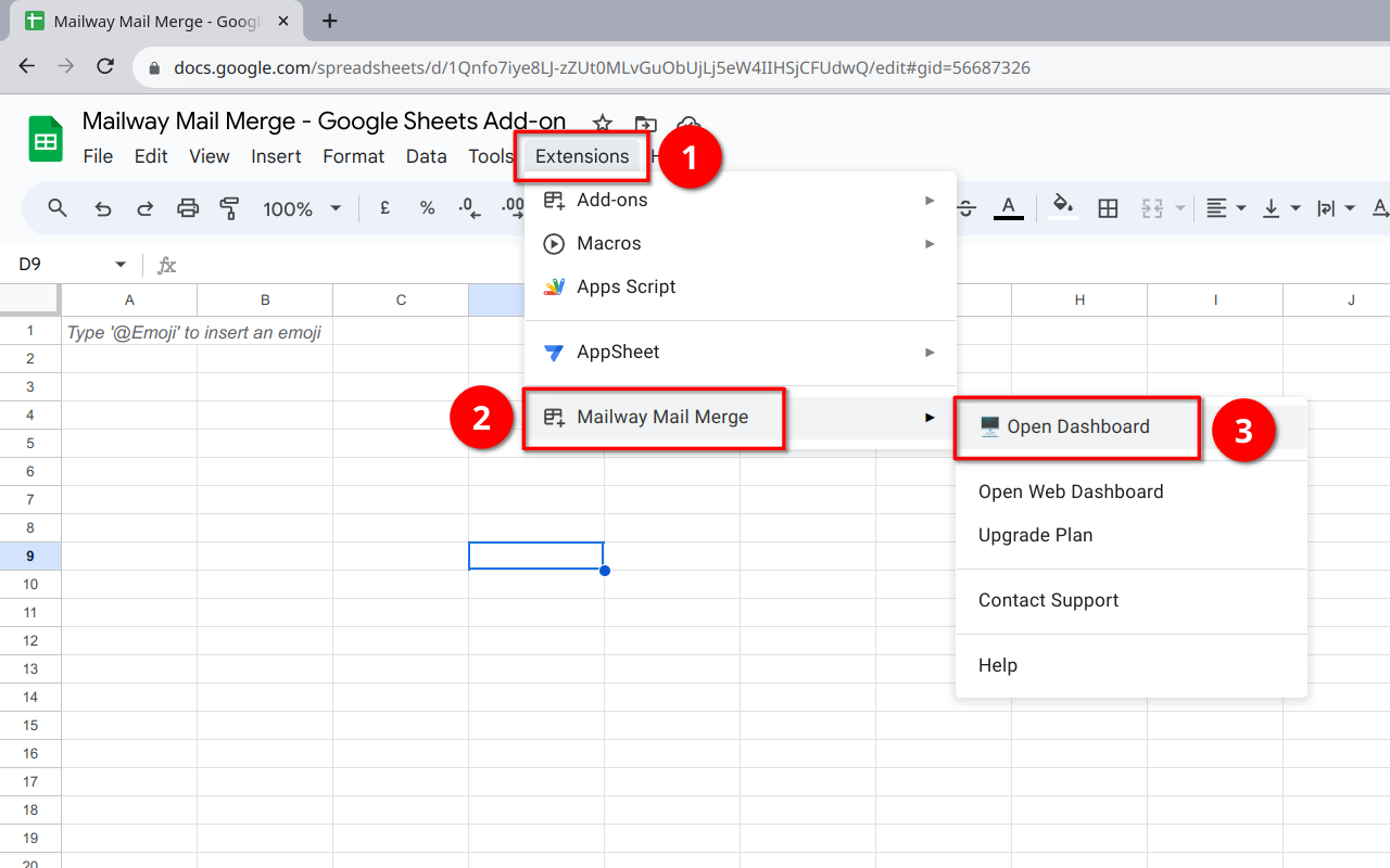 screenshot showing the steps to open mailway mail merge add-on in google sheets